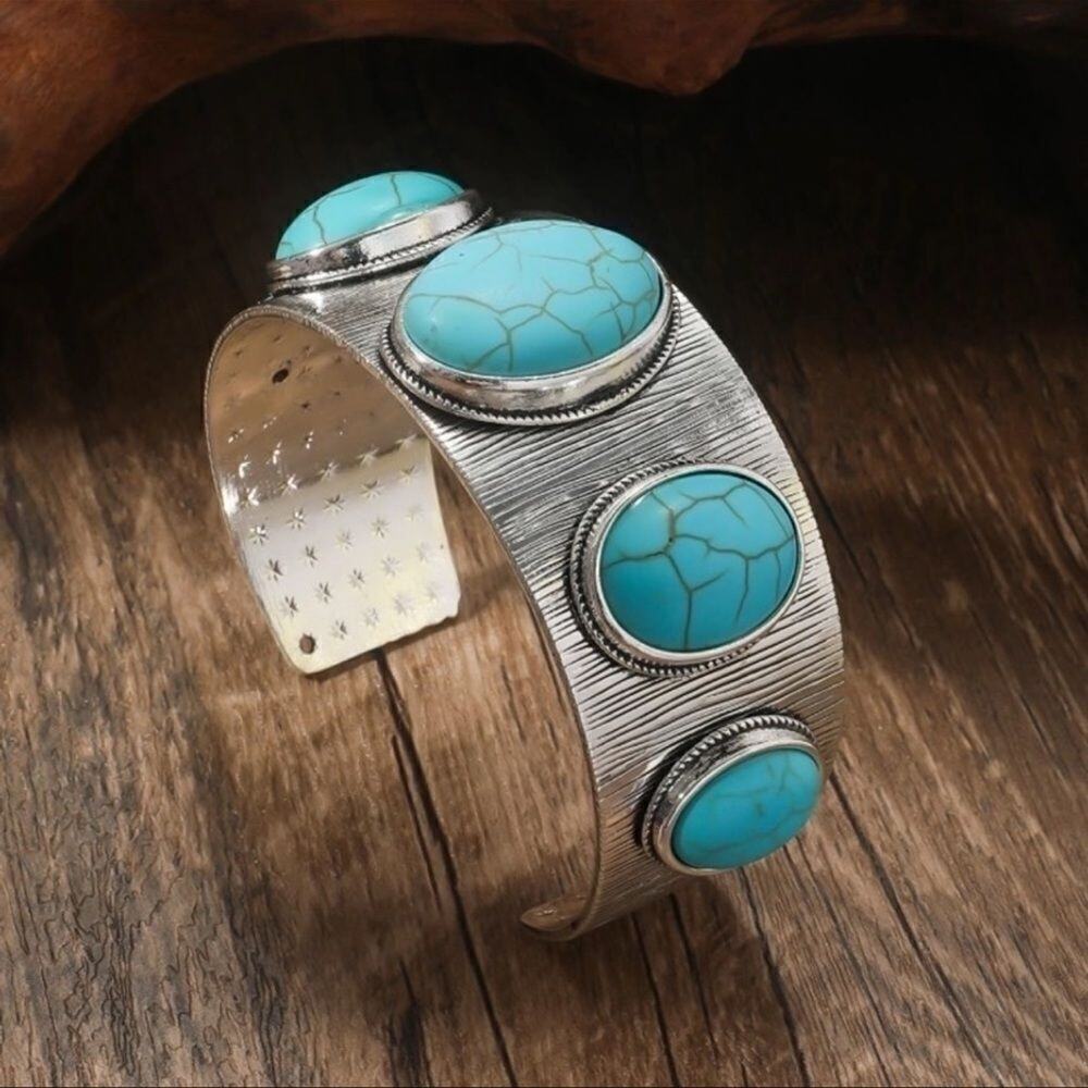 Silver Tone & Turquoise Wide Open Cuff Bracelet - Picture 9 of 10